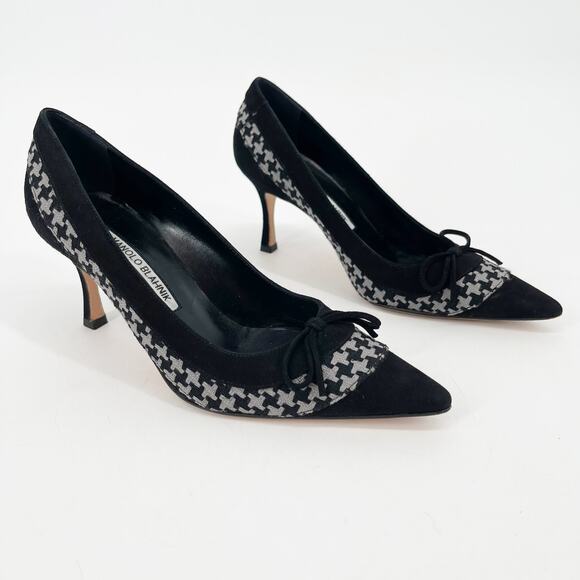 Manolo Blahnik Black Suede Gray Houndstooth Bow Pointed Toe Pumps Heels IT 36 - Picture 1 of 10